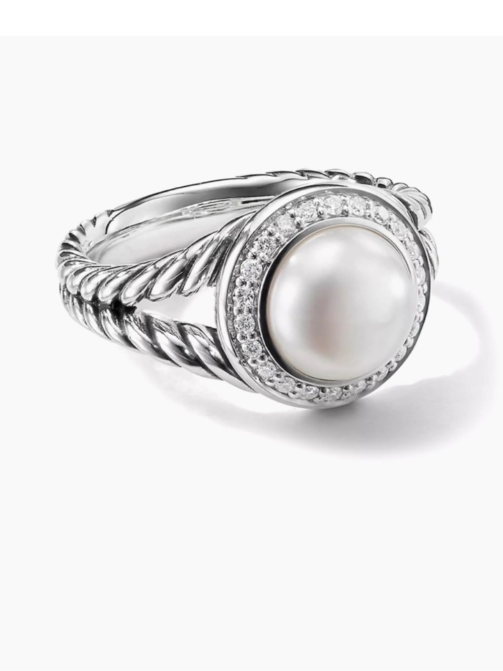 David Yurman Silver Cable Ring - Pearl and Diamond Halo - Albion collection